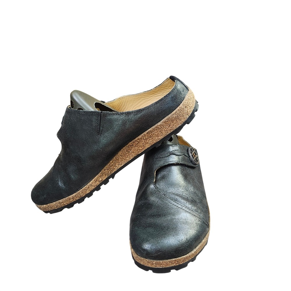 Haflinger Black Leather Cork Clog Mules 10.5 Earthy  Comfy Lagenlook Women